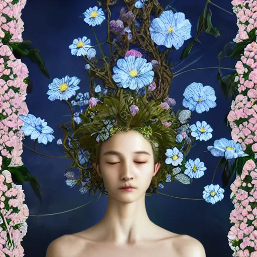 Image similar to goddess of greek mythology portrait, amalgamation of leaves and flowers, orthodox saint, beautiful raking sunlight, nemophila flowers. intricate artwork by Tooth Wu, James jean, Miho Hirano, Hayao Miyazaki. octane render, trending on artstation, greg rutkowski. cinematic, hyper realism, high detail, octane render, 8k