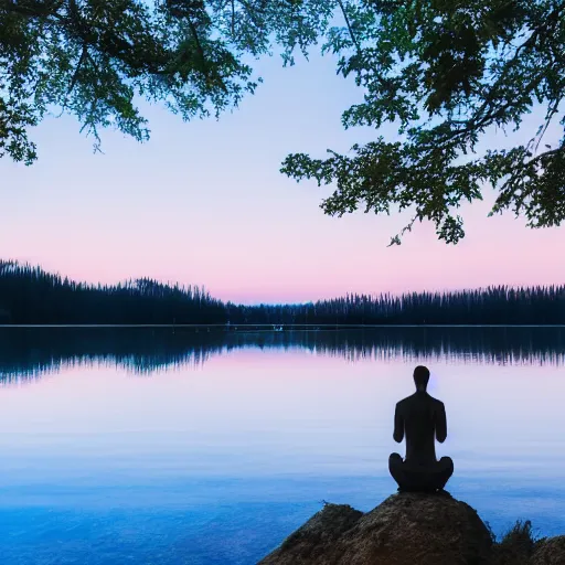 Image similar to meditating man hovering above a clear blue lake in a clearing in the middle of an evergreen forest at dawn