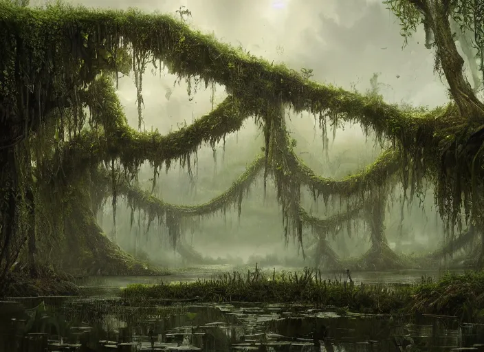 Prompt: matte painting of a huge swamp, overgrown with lush vines, immaculate scale, greg rutkowski, digital art, trending on artstation, detailed matte painting