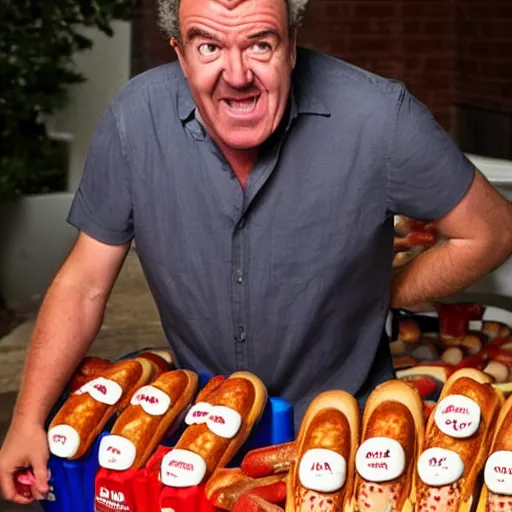 Image similar to jeremy clarkson crying in front of a mountain of hot dogs