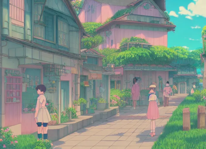 Prompt: 8k digital illustration depicting a quaint anime village in lofi Vaporwave aesthetic with serene pastel color scheme, inspired by studio ghibli, Artstation, CGsociety, zbrushcentral