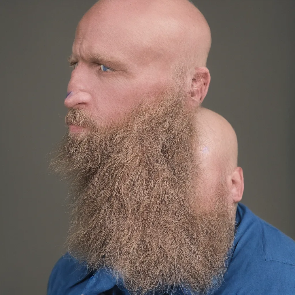 Image similar to color 35mm film still of a balding, middle aged blond man with a full blond beard and dark blue eyes, figure portrait