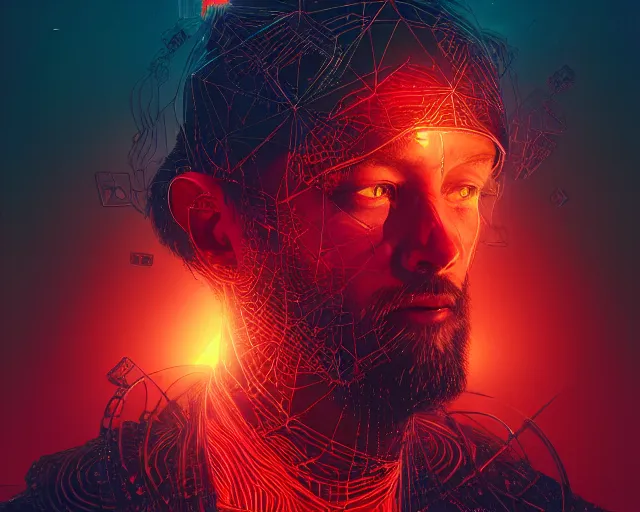 Image similar to portrait of wizard with halo of red cubes intricate abstract. intricate artwork, by tooth wu, wlop, beeple, dan mumford. concept art, octane render, trending on artstation, greg rutkowski very coherent symmetrical artwork. cinematic, key art, hyper realism, high detail, octane render, 8 k, iridescent accents