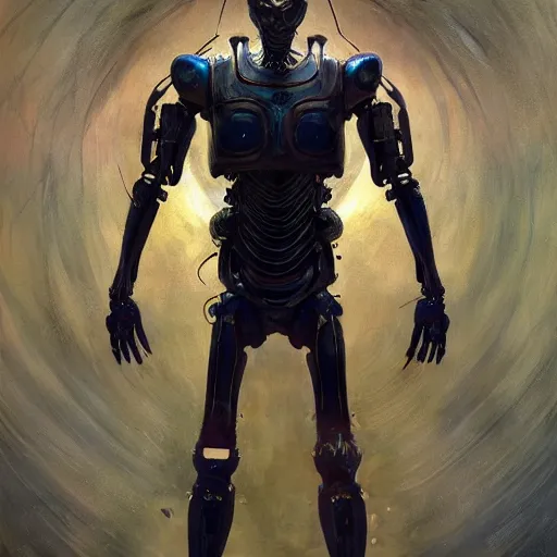 Prompt: A cyborg Slenderman as the ultimate tyrant emperor of the universe. Realistic sci-fi concept. Trending on ArtStation. A vibrant digital oil painting. A highly detailed fantasy character illustration by Wayne Reynolds and Charles Monet and Gustave Dore and Carl Critchlow and Bram Sels