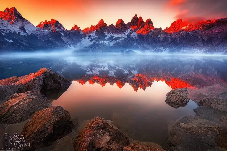 Image similar to amazing landscape photo of mountains with lake in sunset by marc adamus beautiful dramatic lighting