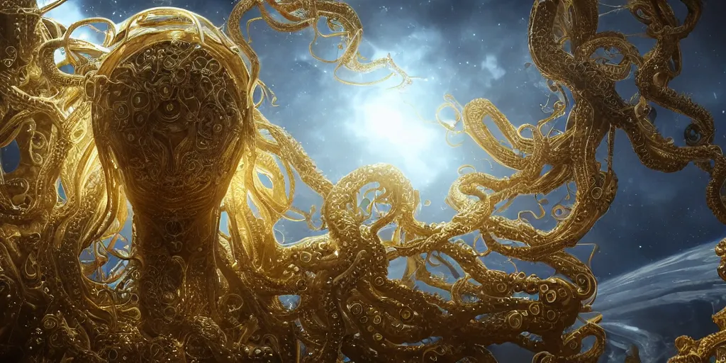 Prompt: a photo of 8k ultra realistic corrupted lovecraftian golden humanoid queen with hair standing next to a spaceship window overlooking earth, 8 intricate white and gold tentacles, ornate white and gold armour, cinematic lighting, trending on artstation, 4k, hyperrealistic, focused, extreme details, unreal engine 5, cinematic, masterpiece
