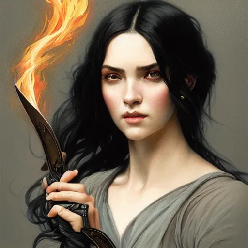 Image similar to portrait, woman with black hair called the lady of ash wielding a sword, elegant, digital illustration, fire magic, detailed, intricate, sharp focus, digital painting, deep focus, digital painting, artstation, concept art, matte, art by artgerm and greg rutkowski and alphonse mucha