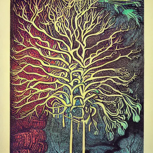 Image similar to a dark forest, colored woodcut, poster art, by Mackintosh, art noveau, by Ernst Haeckel, bright pastel colors