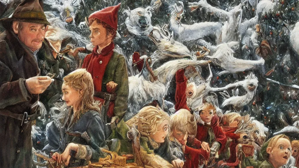 Image similar to an oil painting in the style of alan lee depicting the plot of the movie elf ( 2 0 0 3 )