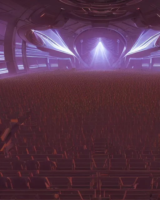 Image similar to scifi movie scene unreal engine 5 render of a crowd in a futuristic church by craig mullins and ghibli, strong contrast, priest, pews, ethereal, inviting, bright, raking light, hyper realism, realistic shading, cinematic composition, blender render, octane render, hdr, detailed textures, photorealistic, wide shot