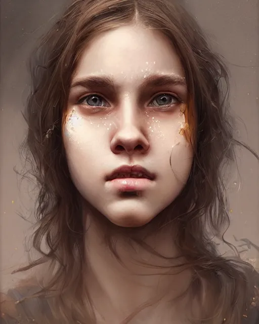 Image similar to portrait of 1 5 - year - old girl with voluminous bushy brown hair, large front teeth, and bright piercing brown eyes, hyper realistic face, beautiful eyes, fantasy art, in the style of greg rutkowski, intricate, hyper detailed, smooth