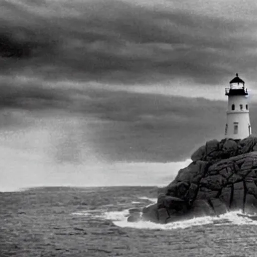 Image similar to movie still of Godzilla attacking the Peggy's cove lighthouse