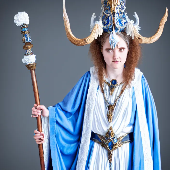 Image similar to photograph of a real-life beautiful sky witch with ornate white and blue robes and staff. Extremely detailed. 8k