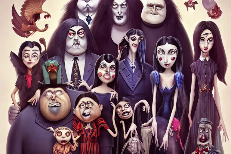 Image similar to the addams family, american mcgee's alice, sharp focus, artstation, trending, by julie dillon, luis melo, tyler miles lockett, lei jin, hong lei, ken wong, adam narozanski, joy ang