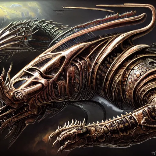 Image similar to cyborg dragon concept art by H.R. Giger, detailed, 4k