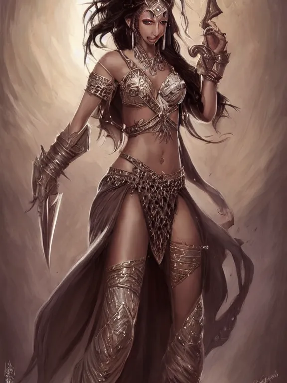 Image similar to picture of gorgeous combat belly dancer, dark skin, symmetrical face, midriff, sarouel pants, sandals, elegant, silver decoration, dnd, high fantasy, matte digital illustration, by rossdraws, ralph horsley, pixiv