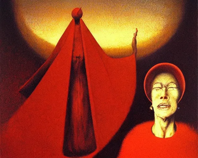 Image similar to by francis bacon, beksinski, mystical redscale photography evocative. devotion to the scarlet!!! woman!!!, priestess in a conical!!! hat, coronation, ritual, sacrament