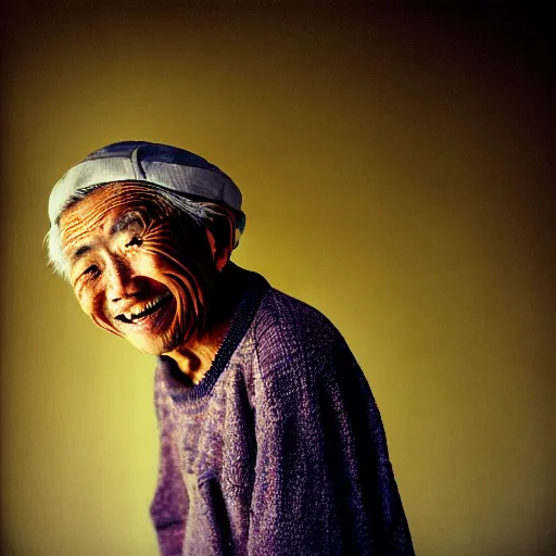 Prompt: a character portrait photo of a smiling old japanese man, hopeful, photojournalism, war photography, adobe, canon, nikon, flickr contest winner, neo-expressionism, art photography, busy background, hyperrealism, chiaroscuro, anamorphic lens flare, elegant, shallow depth of field, haze, volumetric lighting, photo taken with provia, 24mm, f1.8, by Filip Hodas, by Andrew Domachowski