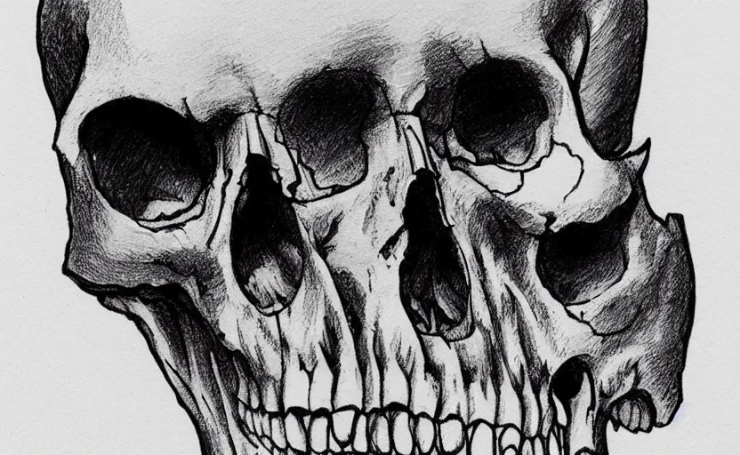 Prompt: a Skull surrounder by darkness, ink on paper, crosshatch shading