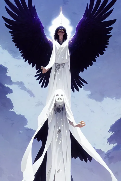 Image similar to raven headed warlock doing magic spells wind, white robes, finely detailed perfect face, exquisite details, mid view, design on a white background, by studio muti, greg rutkowski makoto shinkai takashi takeuchi studio ghibli