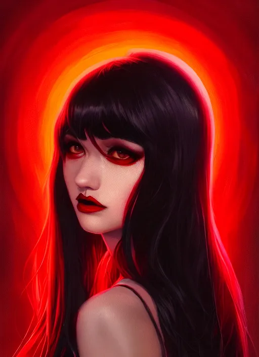 Image similar to portrait of vampire veronica lodge with bangs, vampire fangs, vampire, long hair, red clothes, bangs, vampironica, intricate, elegant, glowing lights, highly detailed, digital painting, artstation, concept art, smooth, sharp focus, illustration, art by wlop, mars ravelo and greg rutkowski