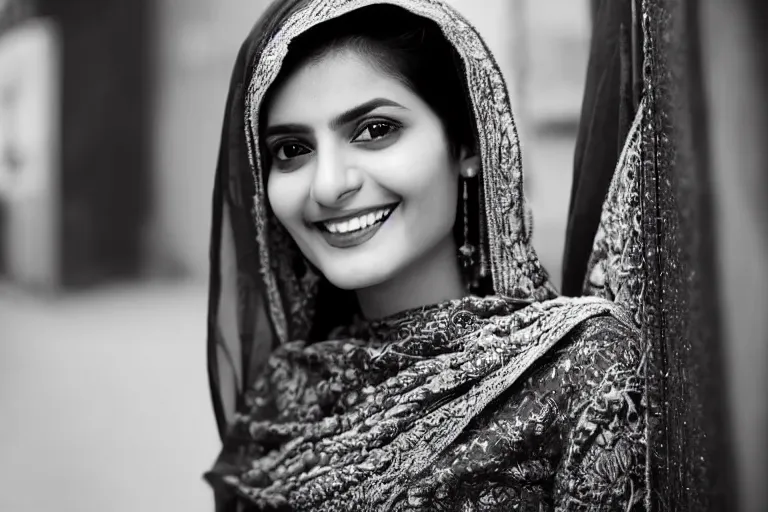 Image similar to still photo of a beautiful pakistani woman smiling at the camera on the street, black and white color aesthetic, highly detailed, photorealistic portrait, bright studio setting, studio lighting, crisp quality and light reflections, unreal engine 5 quality render
