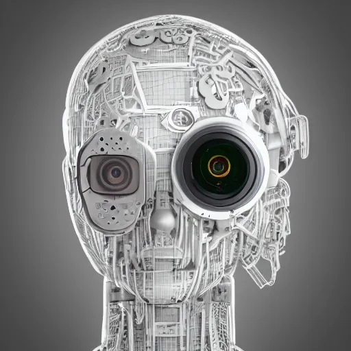 Prompt: very detailed portrait 55mm photo of a mechanical head without skin, optic fiber nerves, gears in his head and cybernetic enhancements with no plating. Packed with cybernetics. Has cameras for eyes. In the forest with bokeh. Ray tracing and tessellation. Very sharp high detailed 8k image