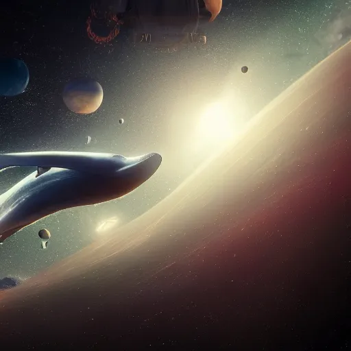 Image similar to highly detailed cinematic scifi render of a flying whale in the space, stars and planets, hyper detailed, digital art, led lighting, studio quality, smooth render, unreal engine 5, octane render, trending on artstation