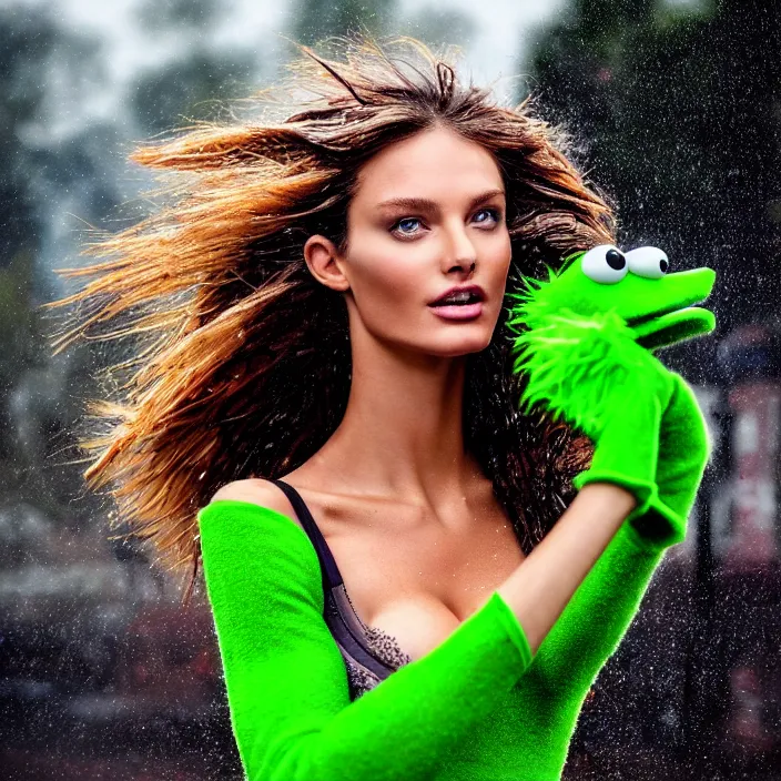 Prompt: fully body pose, photo of a very beautiful!! victoria secret model, oscar the grouch, wet hair, raining, 8 k, hdr, smooth, sharp focus, high resolution, award - winning photo, trending on artstation, dslr, 5 0 mm