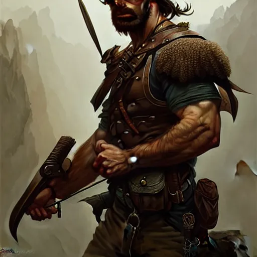 Image similar to portrait of a rugged ranger, muscular, upper body, blood, D&D, fantasy, intricate, elegant, highly detailed, digital painting, artstation, concept art, smooth, sharp focus, illustration, art by artgerm and greg rutkowski and alphonse mucha