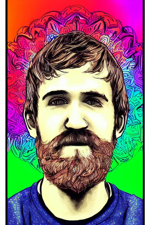 Prompt: inspirational style hope poster of bo burnham with beard, psychedelic colors, highly detailed, realistic, loving