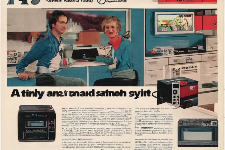 Image similar to a 1 9 8 5 electronics ad in the style of andy zito