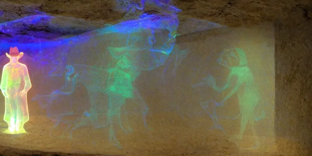 Prompt: a holographic translucent ghost cowboy in from of a tomb