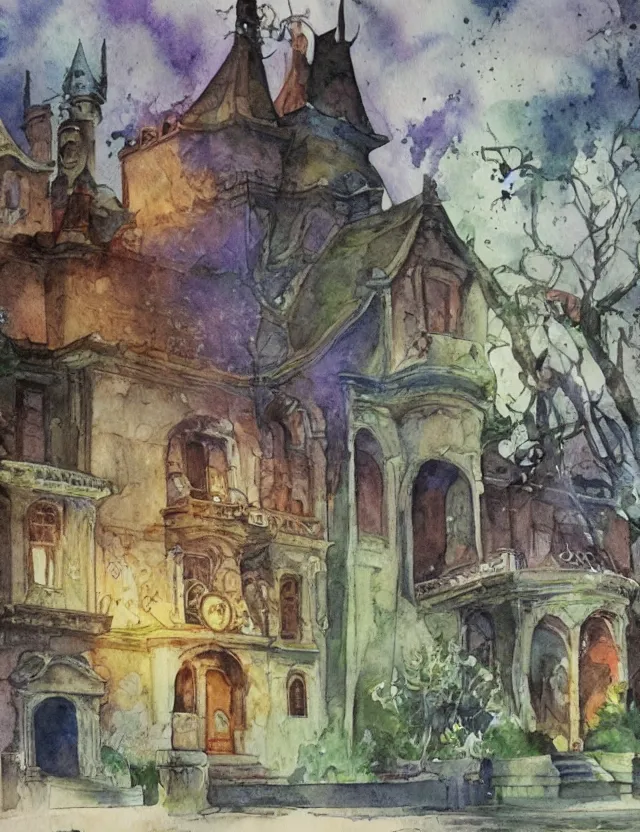 Image similar to delapidated magic castle. this watercolor painting by the beloved children's book author has interesting color contrasts, plenty of details and impeccable lighting.