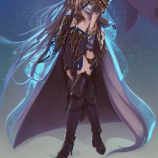 Image similar to “A detailed stunning and beautiful anime woman with brown flowing hair, long blue-cape, decorative leather armor, great proportions, excellent detail, surrounded by a catacomb of books, high quality, Full-body character portrait, trending on artstation, by rossdraws”