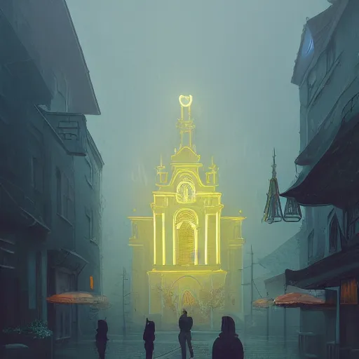 Image similar to movie scene of a church, lviv, a very misty day, a neon sign, by ian mcque ferdinand knab, makoto shinkai and lois van baarle, artgerm, pixar, ilya kuvshinov,, tom bagshaw, global illumination