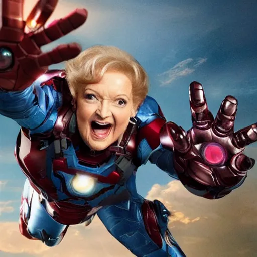 Image similar to promotional still of betty white as marvel's iron man [ film ], hero pose but shy, action, adventure, romance, imax 7 0 mm, 4 k