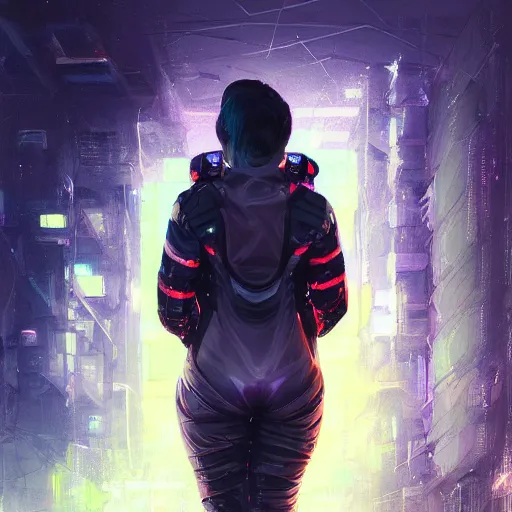 Image similar to skill magic deepdream guard girl cyberpunk futuristic, reflective puffer jacket, black leggings from the back radiating a glowing aura by ismail inceoglu dragan bibin hans thoma, perfect face, fine details, realistic shaded, fine - face, pretty face