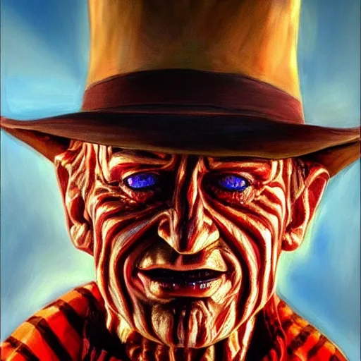 Image similar to an ultra - realistic portrait painting of freddy krueger in the style of alex ross. 4 k. ultra - realistic. highly detailed. epic lighting.