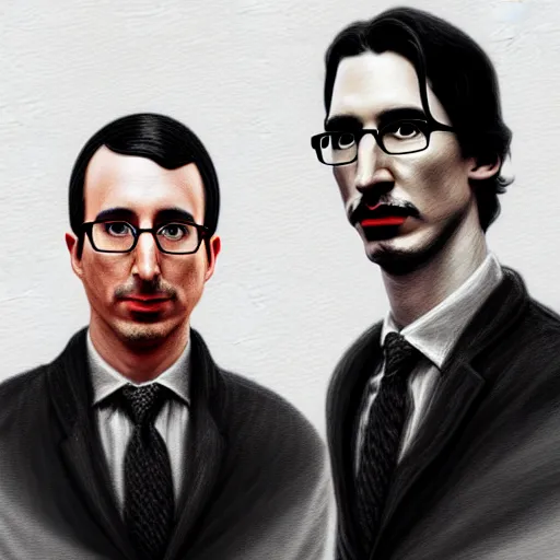 Image similar to a portrait of john oliver standing next to adam driver, stoic, military uniform, fantasy, intricate, elegant, beautiful, highly detailed, charcoal, centered, dark, smokey, digital painting, artstation, concept art, smooth, sharp focus, illustration, art by samma van klaarbergen - h 7 0 4