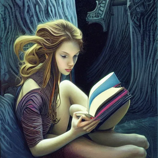 Prompt: a girl reading book, hair flowing down, by Gerald Brom