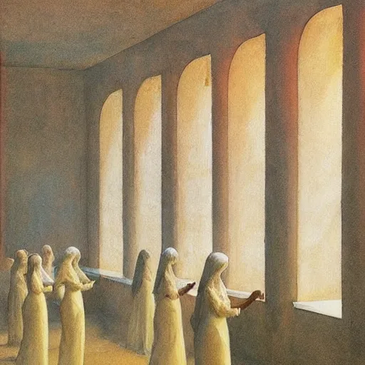 Prompt: procession of ivory golden women in a soviet abandoned temple, dripping watercolor by hammershøi, highly detailed, art nouveau wallpaper, lights by edward hopper, liminal, eerie, pastel colors, limited palette