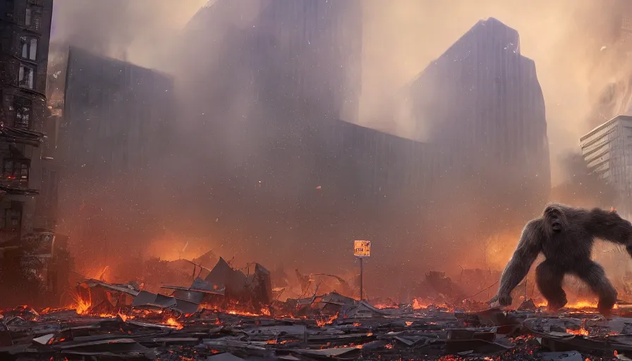 Image similar to giant bigfoot destroying washington dc, debris and fire, collapsed buildings, monster, hyperdetailed, artstation, cgsociety, 8 k