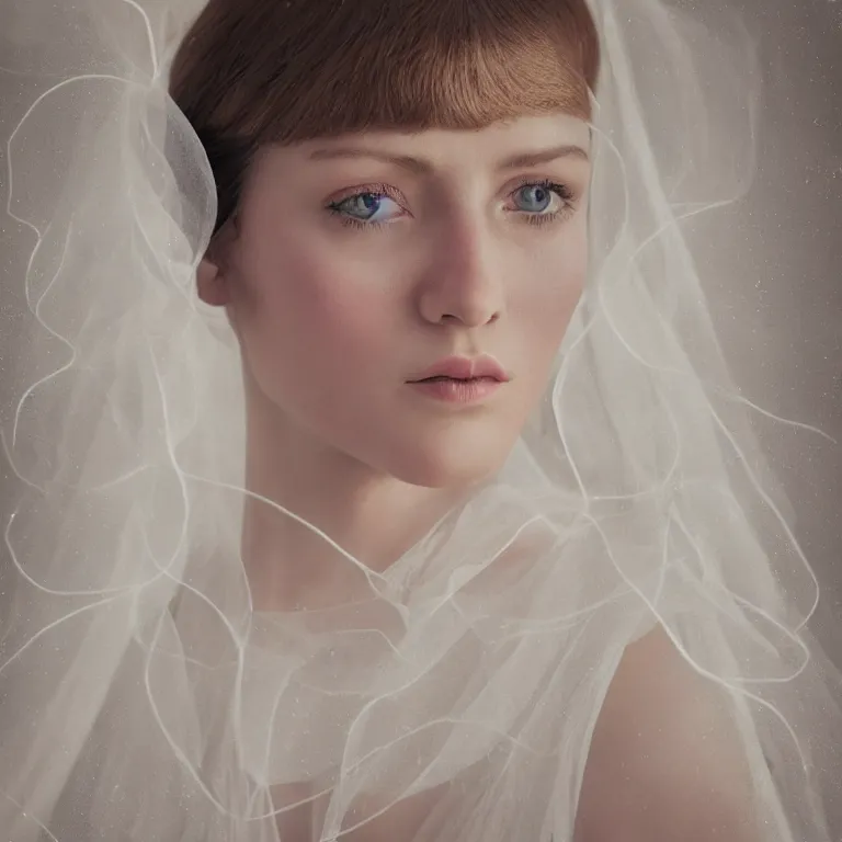 Prompt: 7 0's style : a wonderful realistic focused sweet face mid portrait of a beautiful symmetrical lonely woman with a detailed wonderful symmetrical face who is dressed with a wonderful, majestic, large semi transparent white cotton dress ornate with semi transparent cotton roses and semi transparent white veils, dramatic light, octane render - 8 k