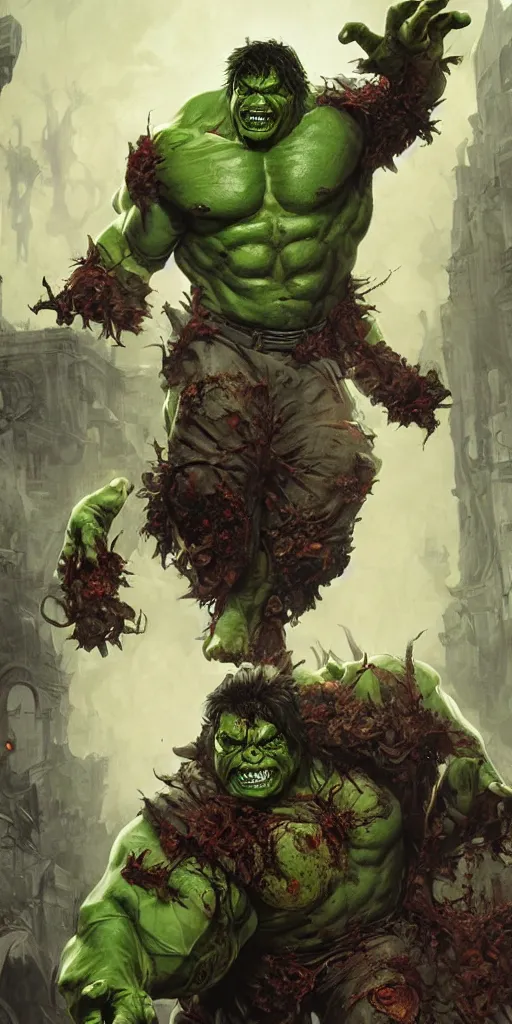 Prompt: zombie incredible hulk, fantasy, intricate, highly detailed, digital painting, artstation, concept art, smooth, sharp focus, illustration, art by artgerm and greg rutkowski and alphonse mucha