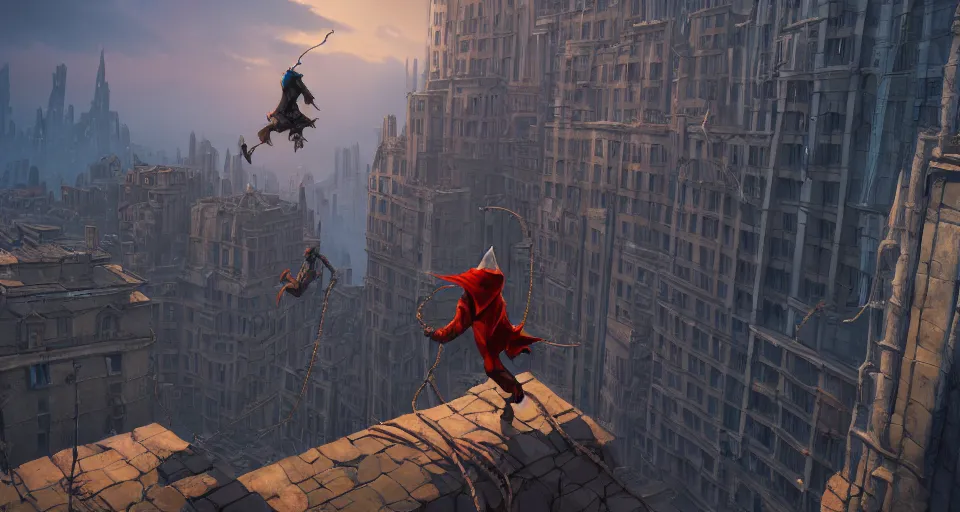 Image similar to an epic fantasy comic book style landscape painting of a hooded thief climbing a tall building with a city using a rope, unreal 5, daz, hyperrealistic, octane render, dynamic lighting