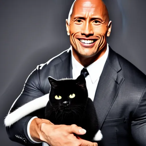 Prompt: dwayne johnson holding a black cat, studio lighting, promotional photograph