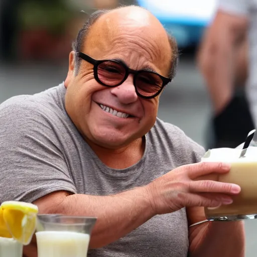 Prompt: Danny Devito drinking a smoothee