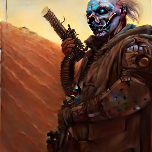 Image similar to Portrait of Immortan Joe by Greg Rutkowski. He is making an announcement from his war rig in the desert by Mark Arian. It is bright and desolate and rusty by H.R. Giger. soft render, octane, highly detailed painting by Moebius. artstation Blank Canvas Scene by Tetsuya Nomura.