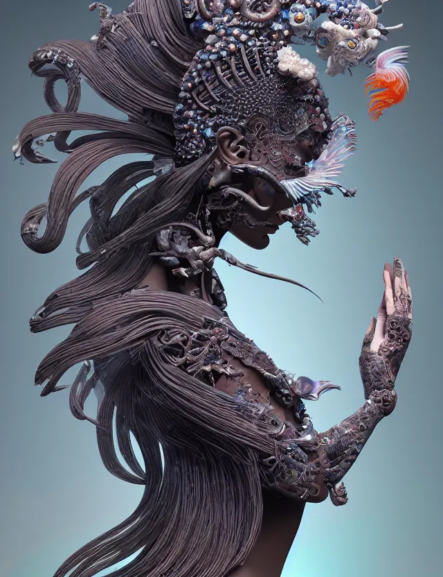 Image similar to 3 d goddess close - up profile portrait biomechanics with ram skull. beautiful intricately detailed japanese crow kitsune mask and clasical japanese kimono. betta fish, jellyfish phoenix, bio luminescent, plasma, ice, water, wind, creature, artwork by tooth wu and wlop and beeple and greg rutkowski